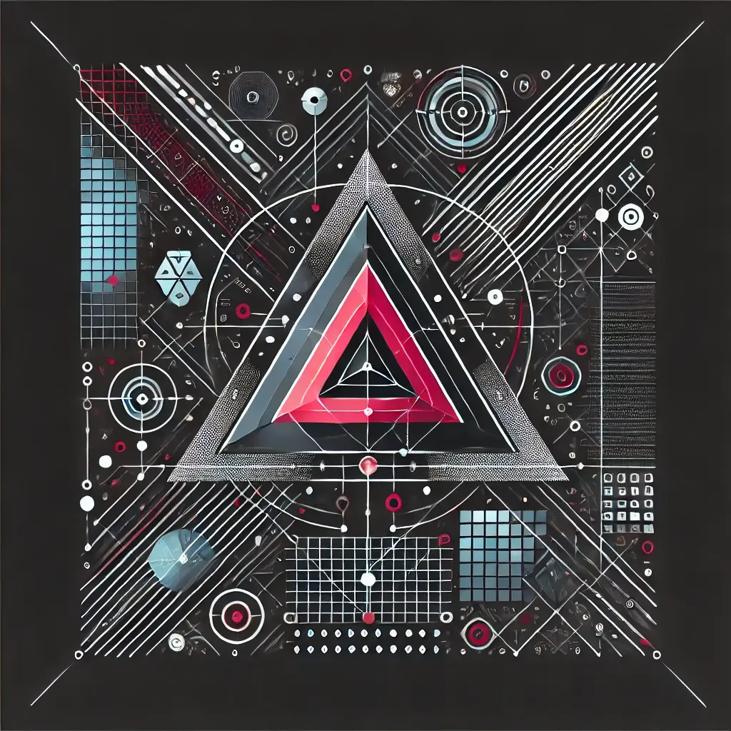 DALL·E 2024-10-13 13.15.54 - Create an abstract square image with a triangle at the center and black (#000000) as the primary color. Incorporate geometric shapes and futuristic el